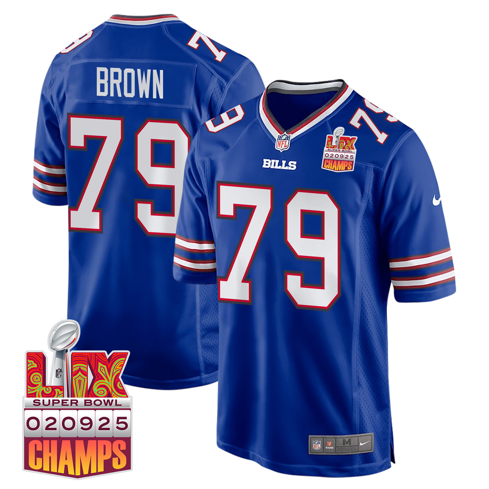 Spencer Brown 79 Buffalo Bills Super Bowl Lix Champions Patch Game Men Jersey - Royal Js6636