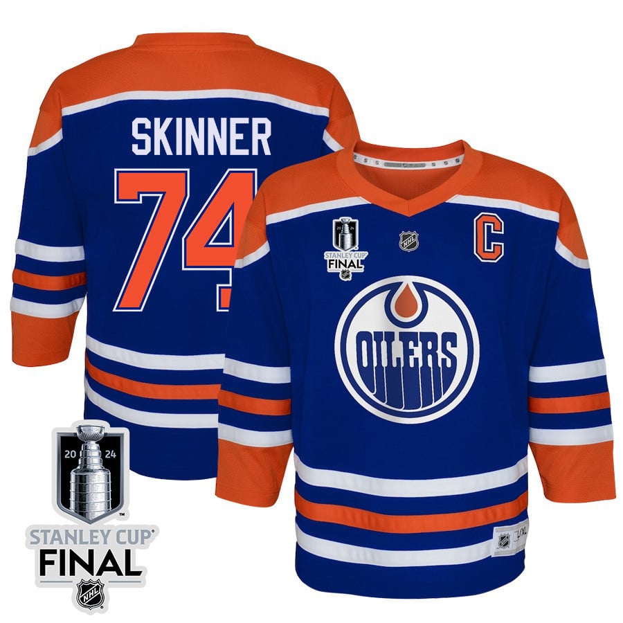 Stuart Skinner 74 Edmonton Oilers 2024 Stanley Cup Final Youth Home Jersey - Royal