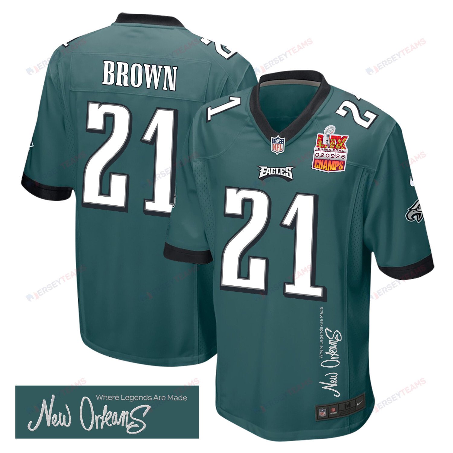 Sydney Brown 21 Philadelphia Eagles Super Bowl Lix Champions Patch 'new Orleans - Where Legends Are Made' Embroidered Game Men Jersey - Midnight Green Js5741