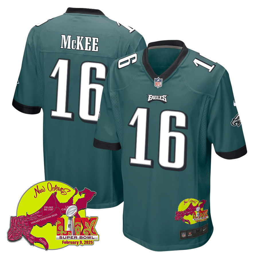 Tanner Mckee 16 Philadelphia Eagles Super Bowl Lix New Orleans Patch Game Men Jersey - Midnight Green Js7935