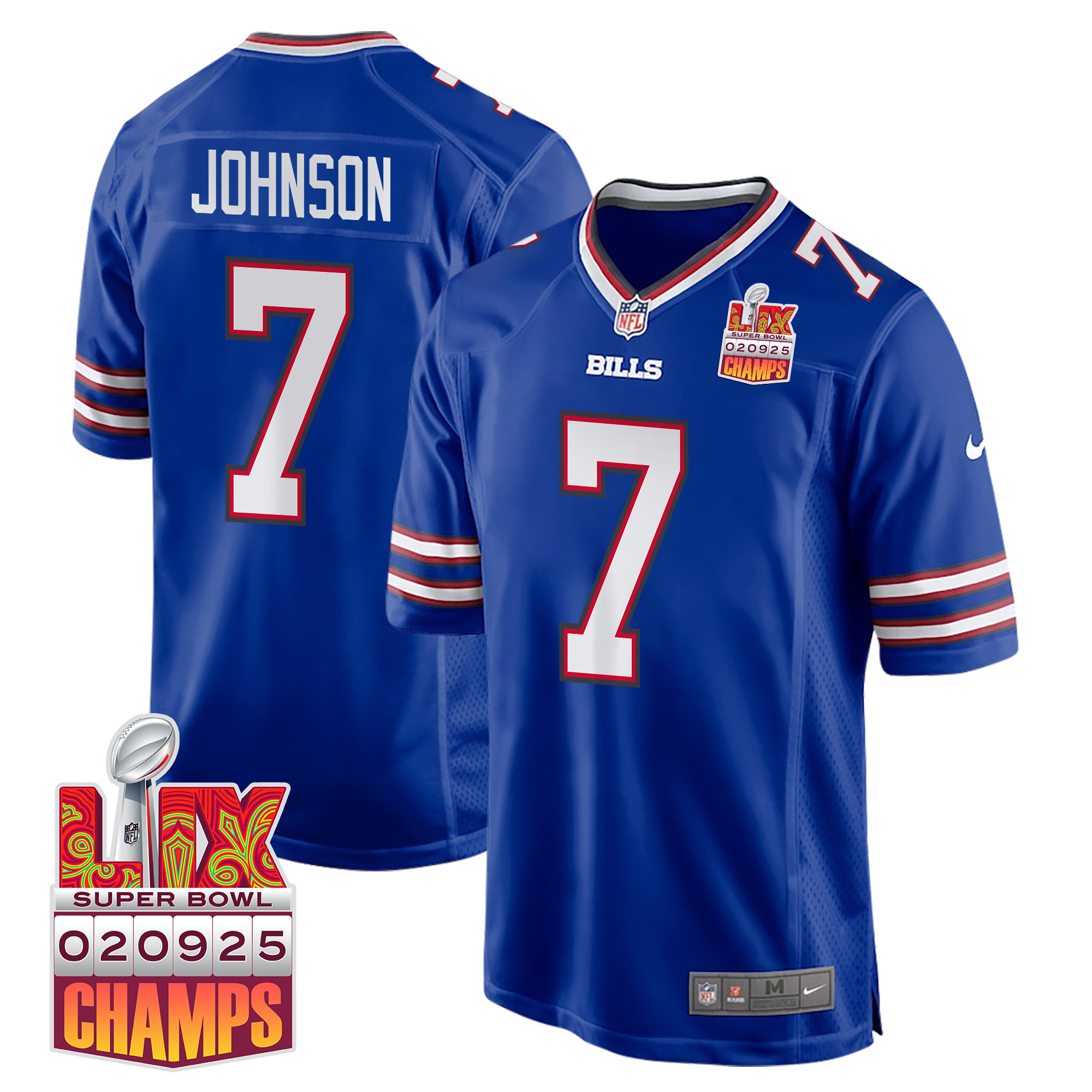Taron Johnson 7 Buffalo Bills Super Bowl Lix Champions Patch Game Men Jersey - Royal Js7932