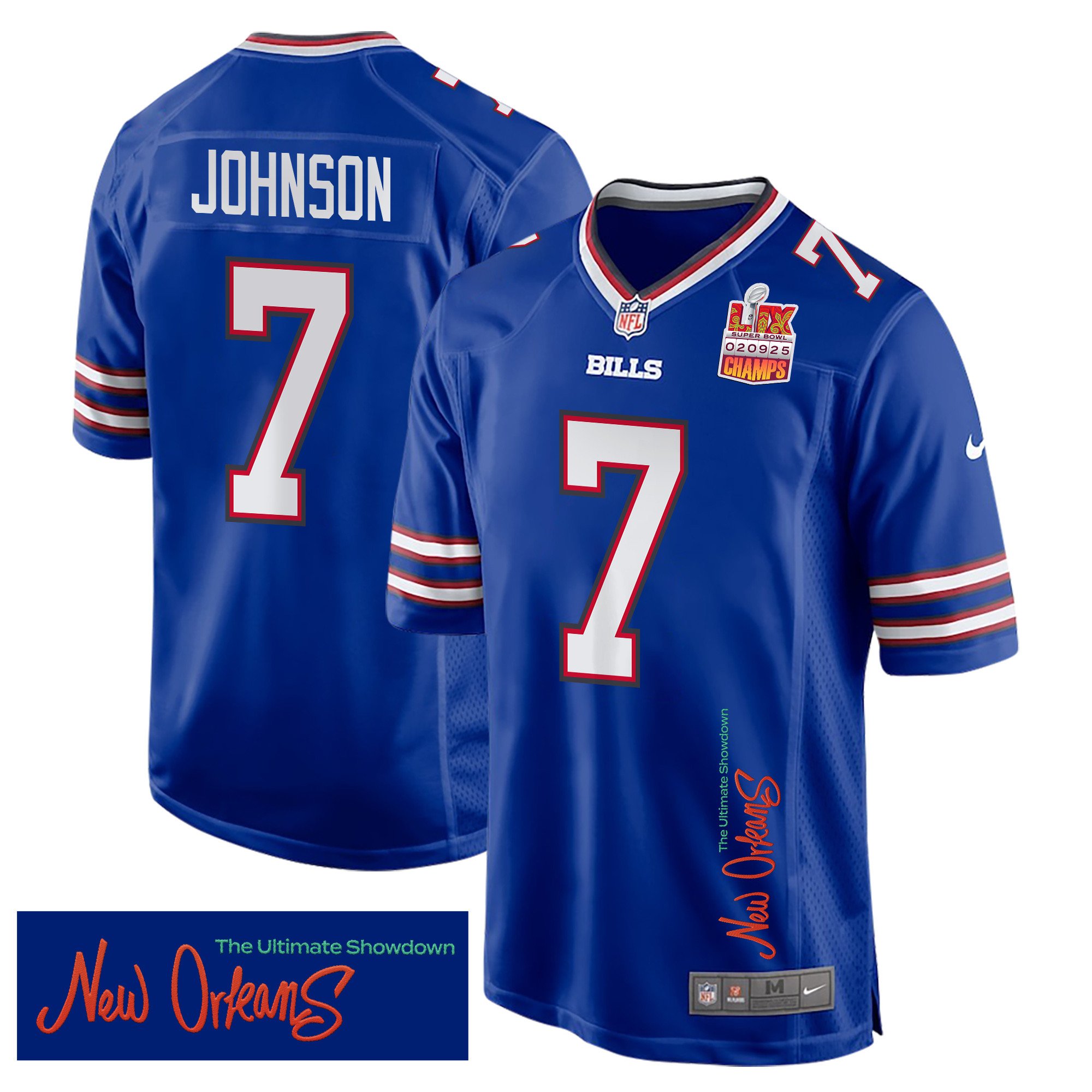 Taron Johnson 7 Buffalo Bills Super Bowl Lix Champions Patch 'new Orleans - The Ultimate Showdown' Embroidered Game Men Jersey - Royal Js4162