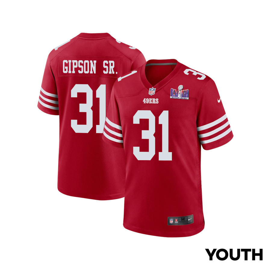 Tashaun Gipson Sr. 31 San Francisco 49ers Super Bowl Lviii Patch Game Youth Jersey - Scarlet Js4578