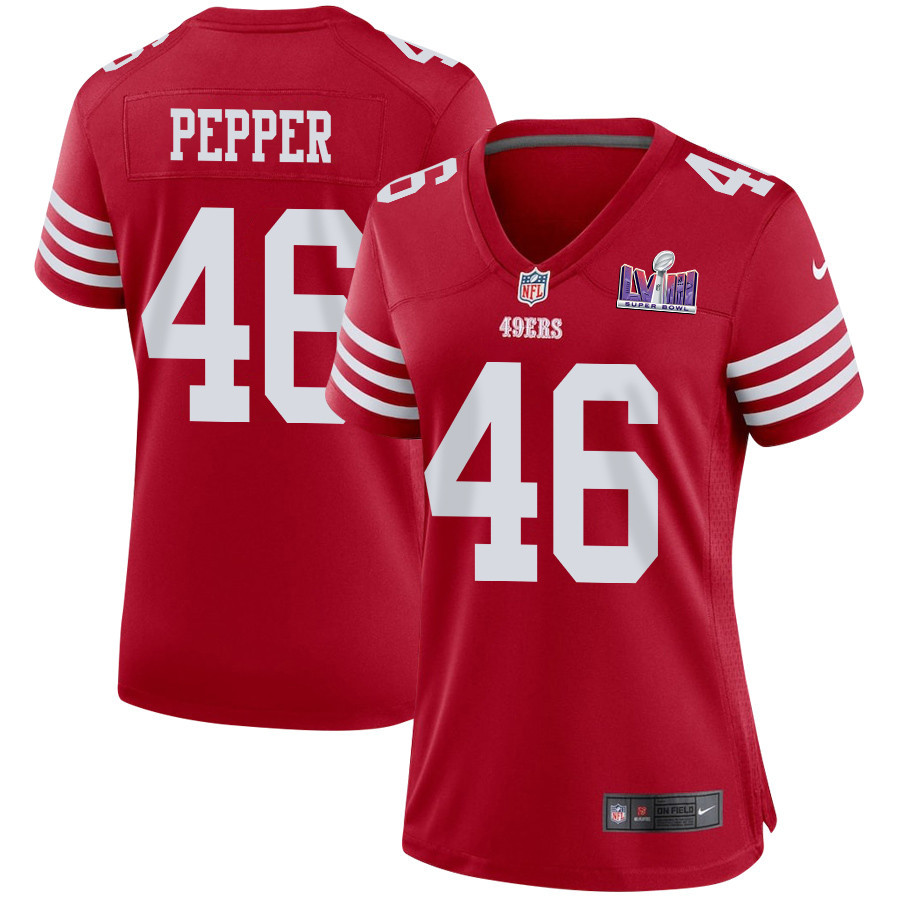 Taybor Pepper 46 San Francisco 49ers Super Bowl Lviii Patch Game Women Jersey - Scarlet Js5586