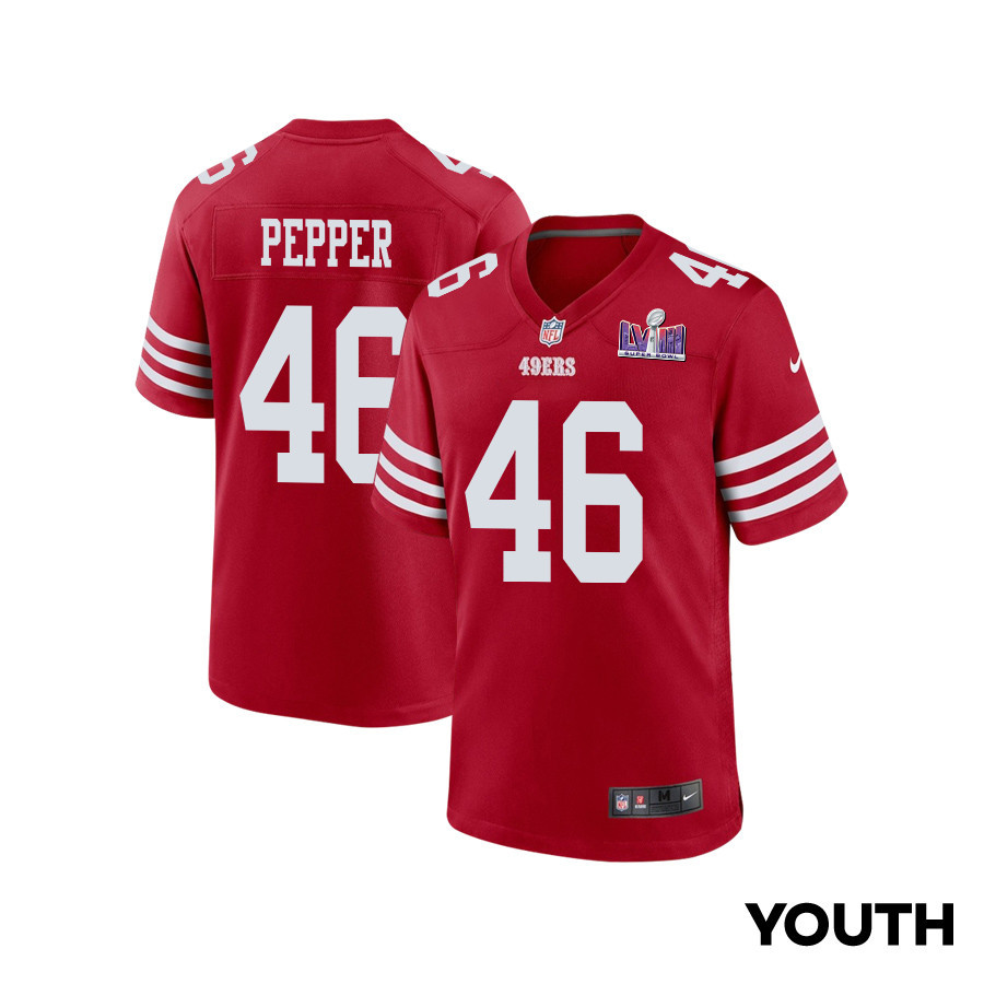 Taybor Pepper 46 San Francisco 49ers Super Bowl Lviii Patch Game Youth Jersey - Scarlet Js1194