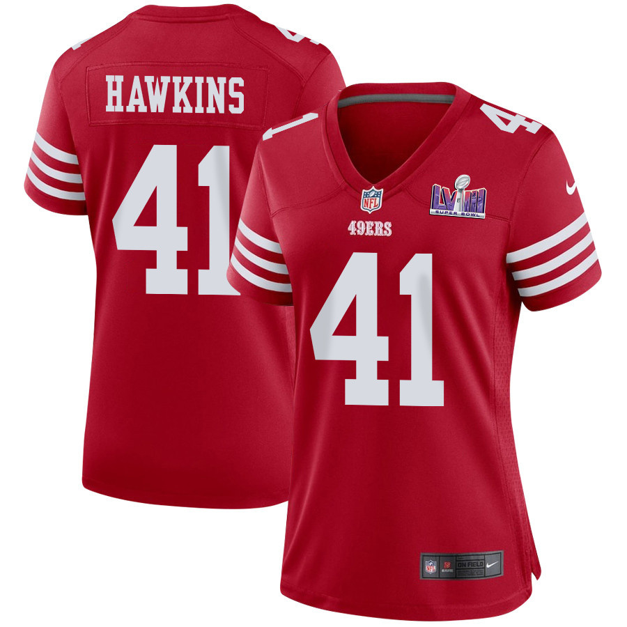 Tayler Hawkins 41 San Francisco 49ers Super Bowl Lviii Patch Game Women Jersey - Scarlet Js6906