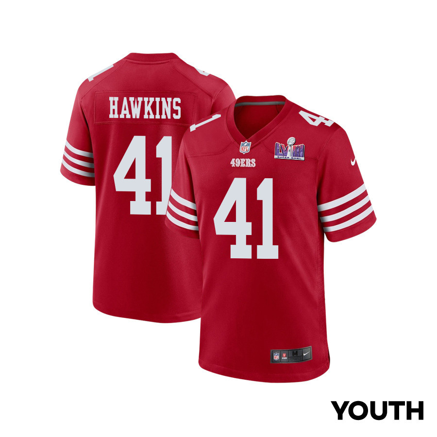 Tayler Hawkins 41 San Francisco 49ers Super Bowl Lviii Patch Game Youth Jersey - Scarlet Js1475