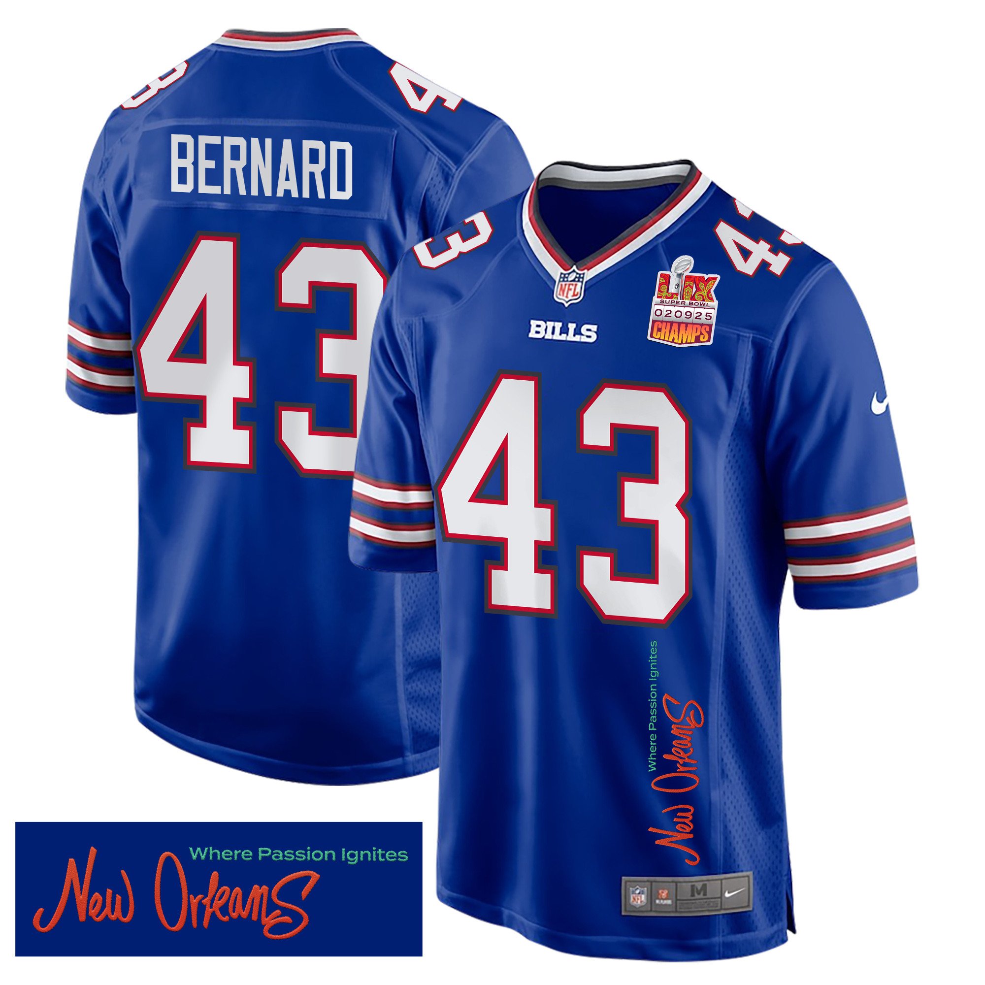 Terrel Bernard 43 Buffalo Bills Super Bowl Lix Champions Patch 'new Orleans - Where Passion Ignites' Embroidered Game Men Jersey - Royal Js5029