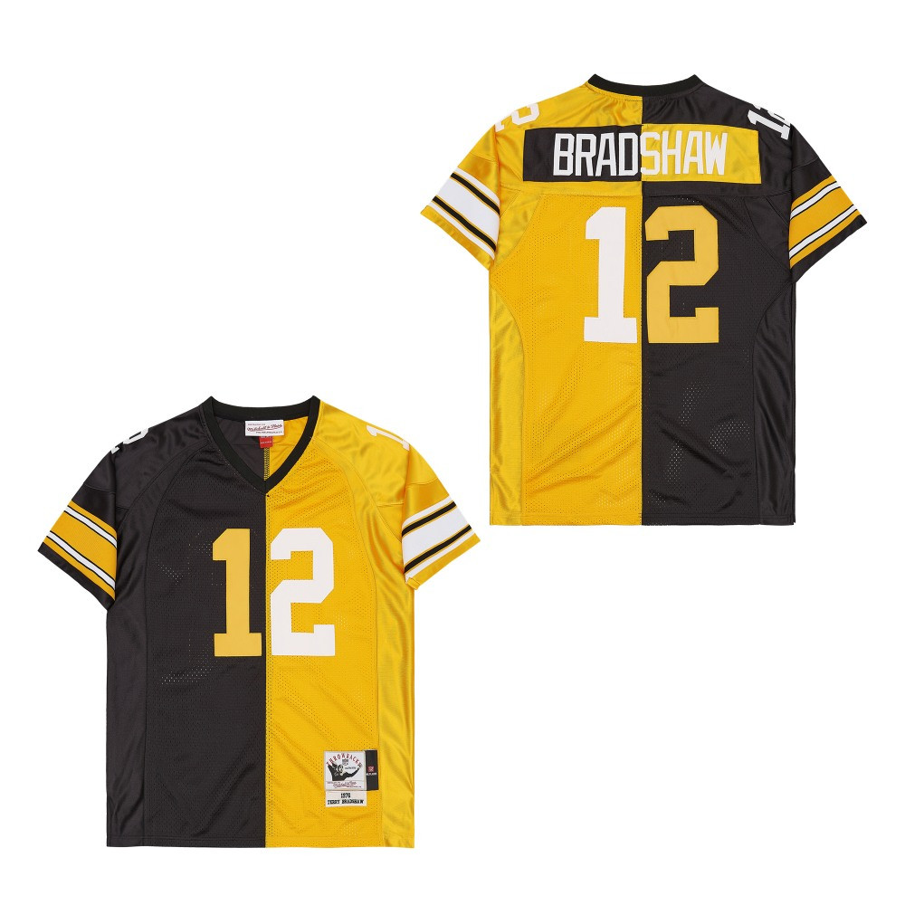 Terry Bradshaw 12 Pittsburgh Steelers Two-toned Retro Throwback Men Jersey - Black/yellow Js6281
