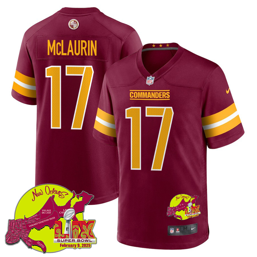 Terry Mclaurin 17 Washington Commanders Super Bowl Lix New Orleans Patch Game Men Jersey - Burgundy Js9316