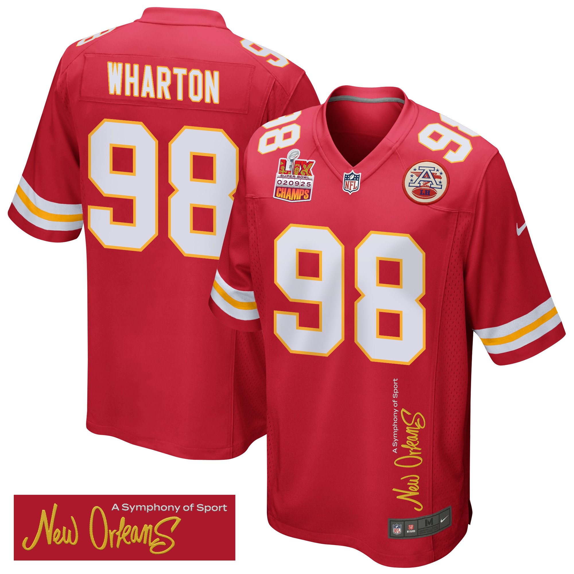 Tershawn Wharton 98 Kansas City Chiefs Super Bowl Lix Champions Patch 'new Orleans - A Symphony Of Sport' Embroidered Game Men Jersey - Red Js9963