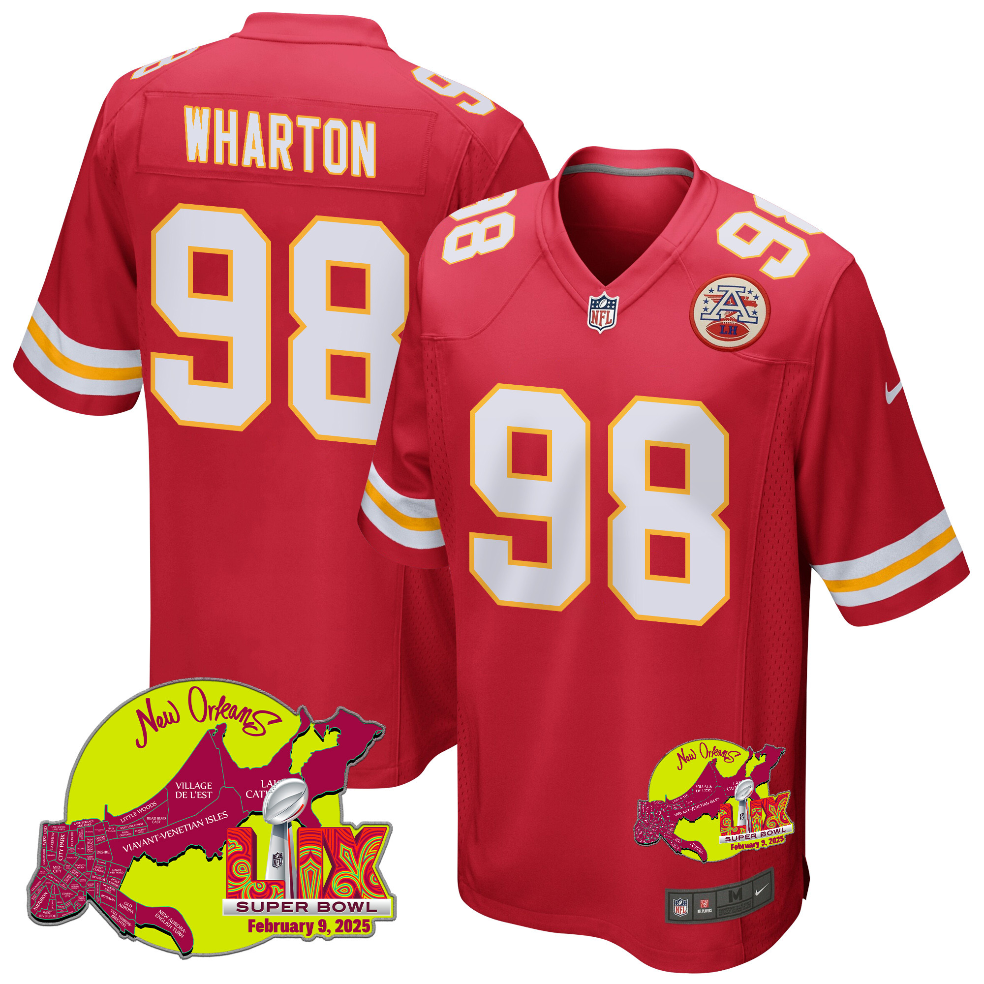 Tershawn Wharton 98 Kansas City Chiefs Super Bowl Lix New Orleans Patch Game Men Jersey - Red Js7667
