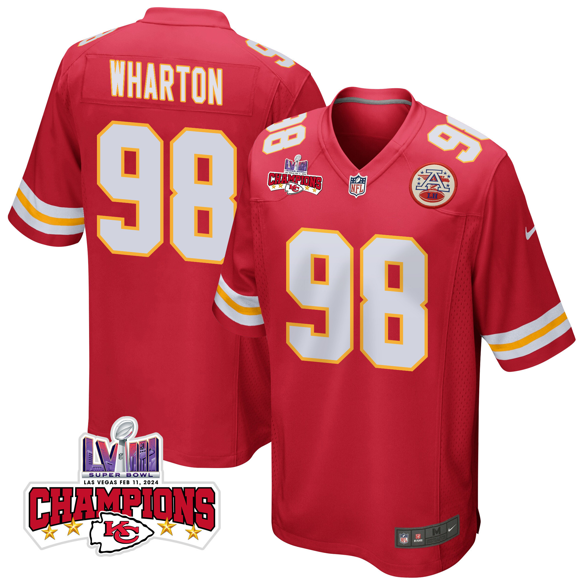 Tershawn Wharton 98 Kansas City Chiefs Super Bowl Lviii Champions 4 Stars Patch Game Men Jersey - Red Js8895