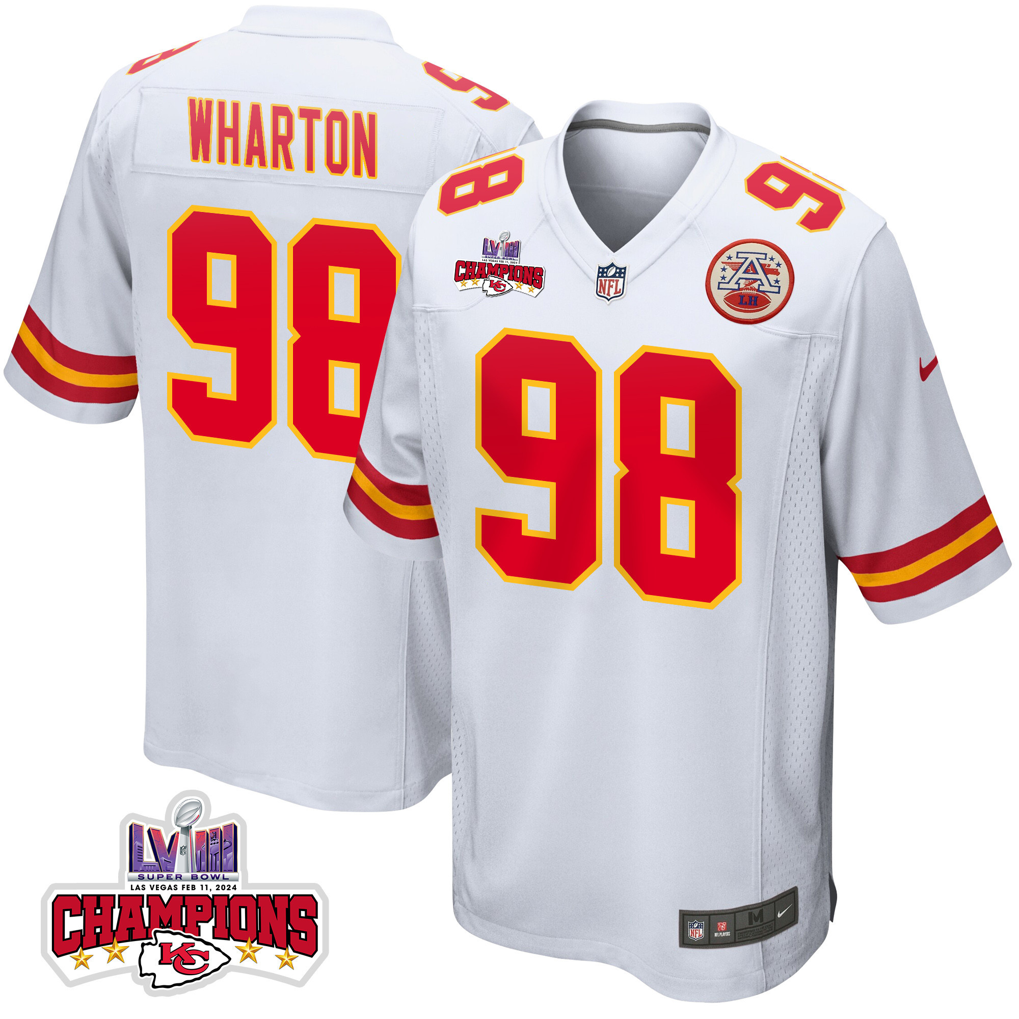 Tershawn Wharton 98 Kansas City Chiefs Super Bowl Lviii Champions 4 Stars Patch Game Men Jersey - White Js3679