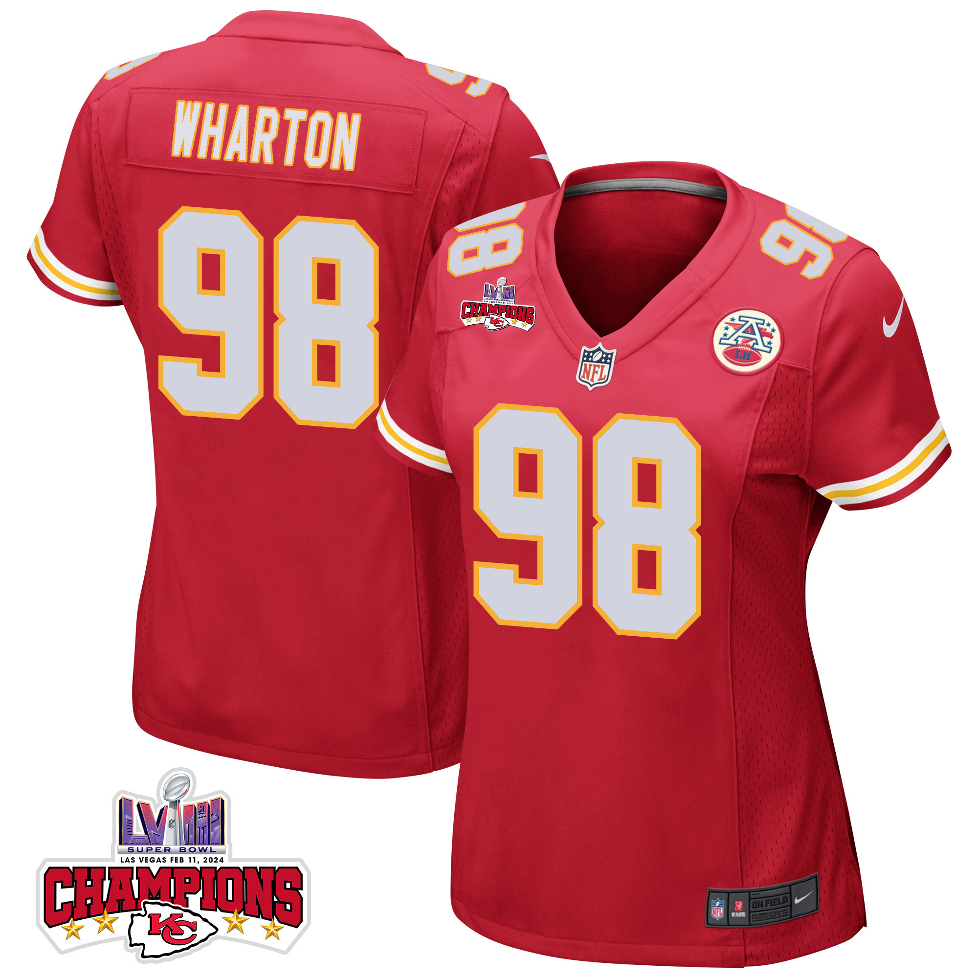 Tershawn Wharton 98 Kansas City Chiefs Super Bowl Lviii Champions 4 Stars Patch Game Women Jersey - Red Js9240
