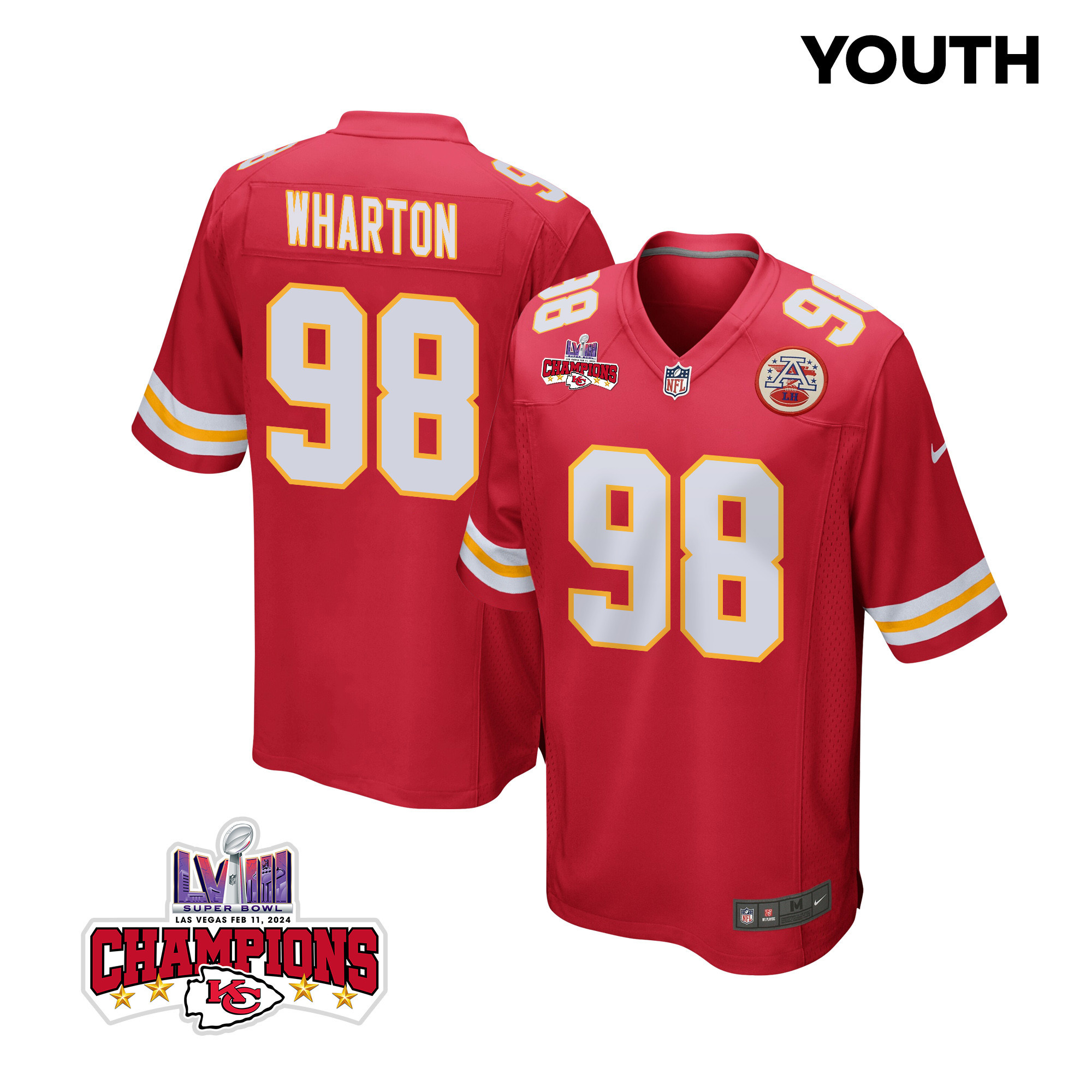 Tershawn Wharton 98 Kansas City Chiefs Super Bowl Lviii Champions 4 Stars Patch Game Youth Jersey - Red Js5977