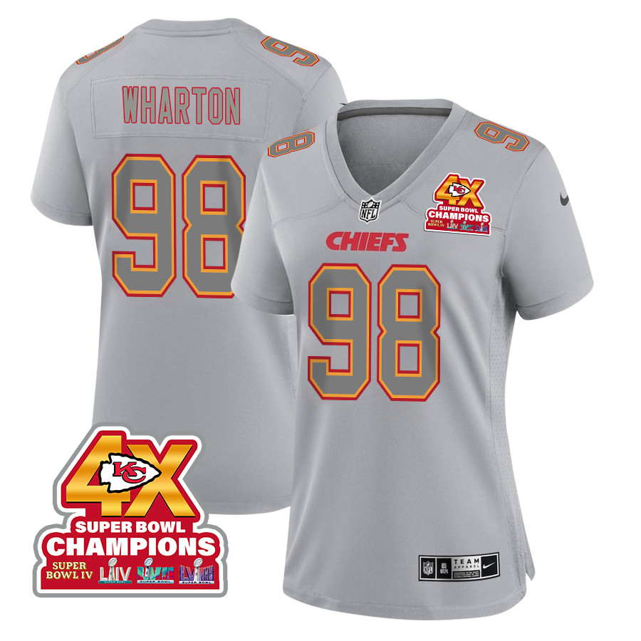 Tershawn Wharton 98 Kansas City Chiefs Super Bowl Lviii Champions 4x Atmosphere Fashion Game Women Jersey - Gray Js7497