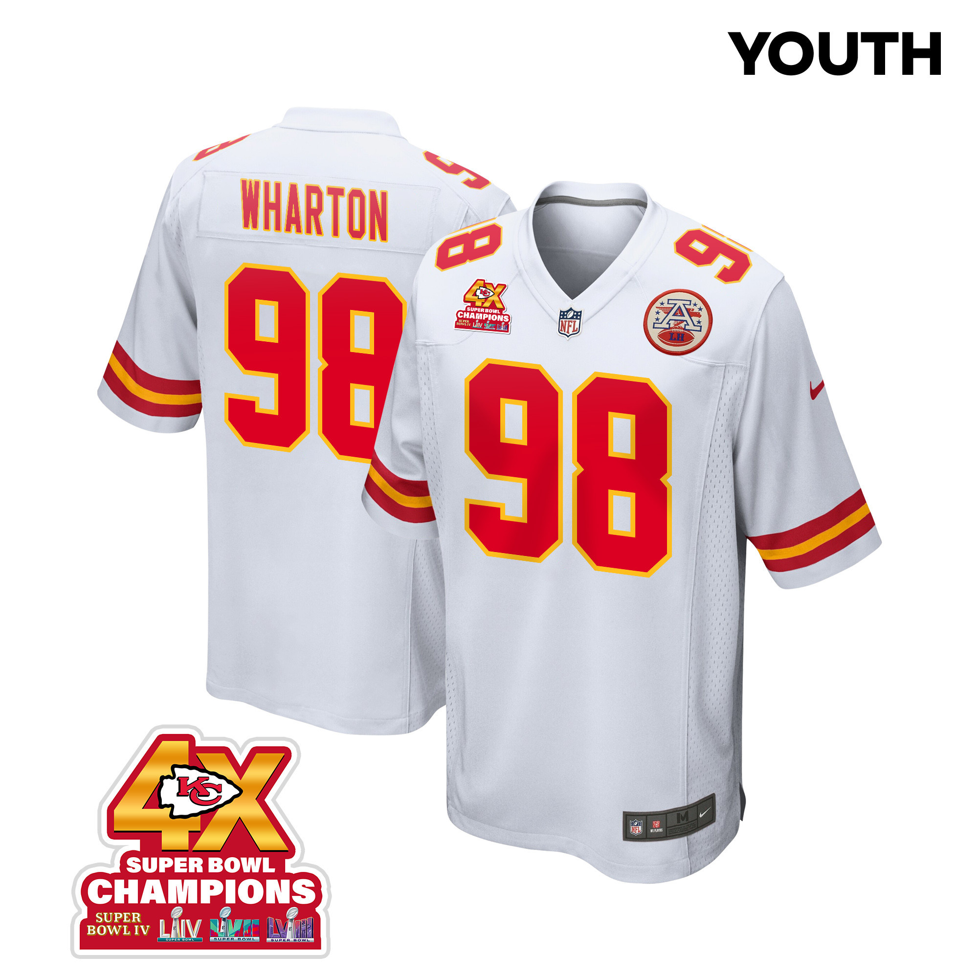 Tershawn Wharton 98 Kansas City Chiefs Super Bowl Lviii Champions 4x Game Youth Jersey - White Js4309