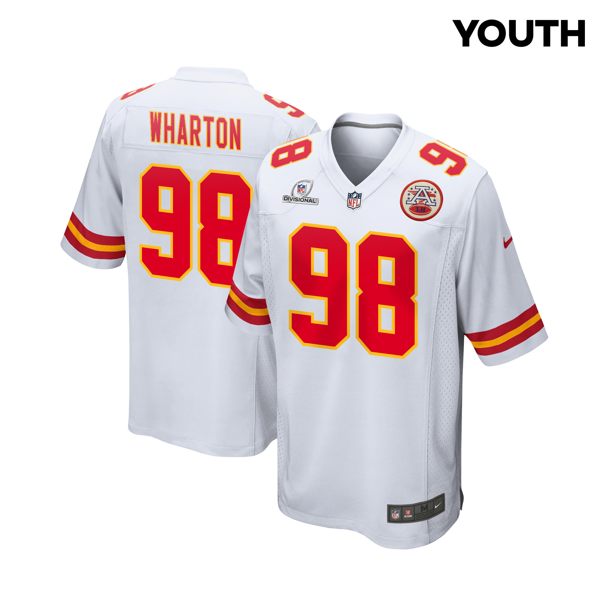 Tershawn Wharton 98 Kansas City Chiefs Super Bowl Lviii Patch Game Youth Jersey - White Js4720