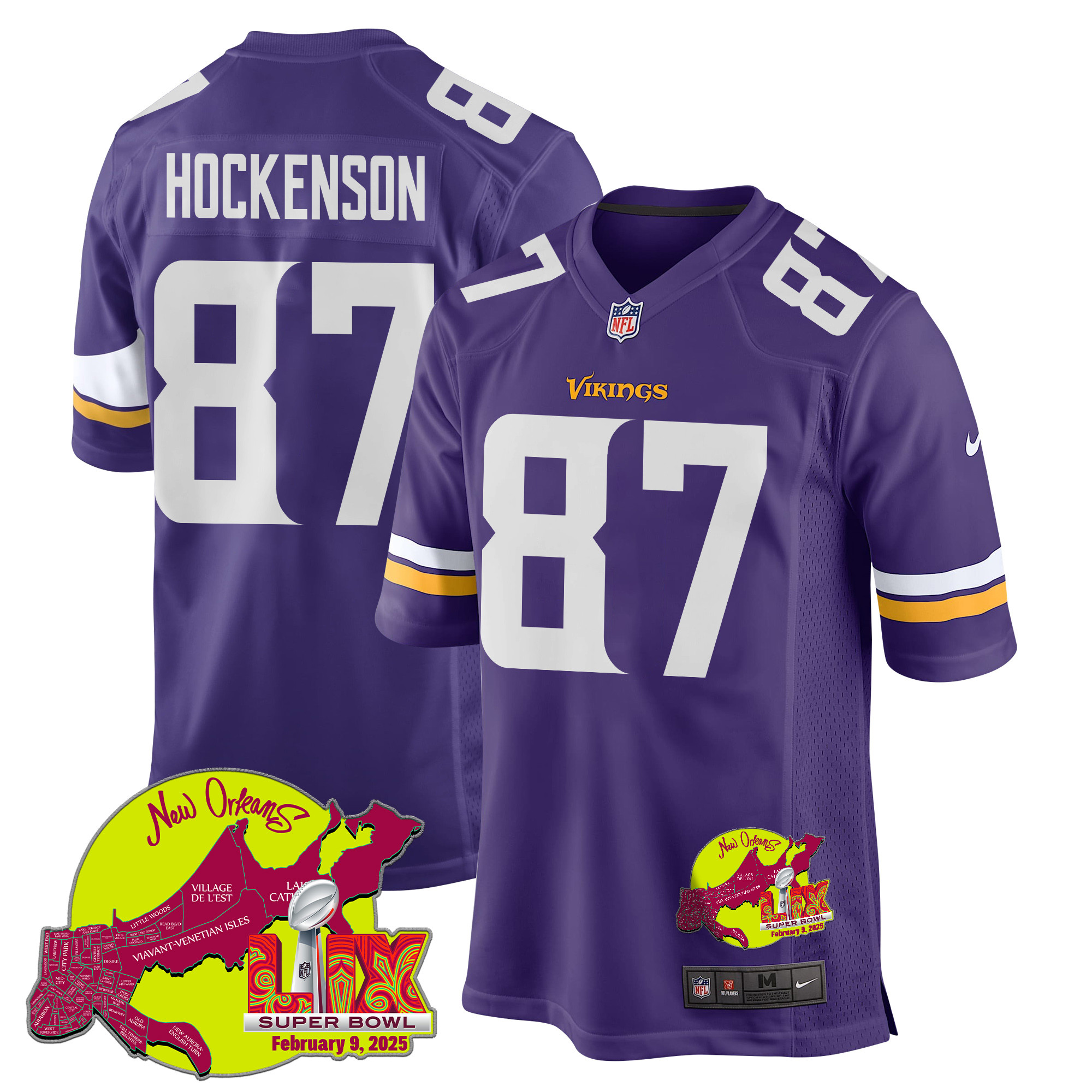 T.j. Hockenson 87 Minnesota Vikings Super Bowl Lix New Orleans Patch Game Men Jersey - Purple Js7814