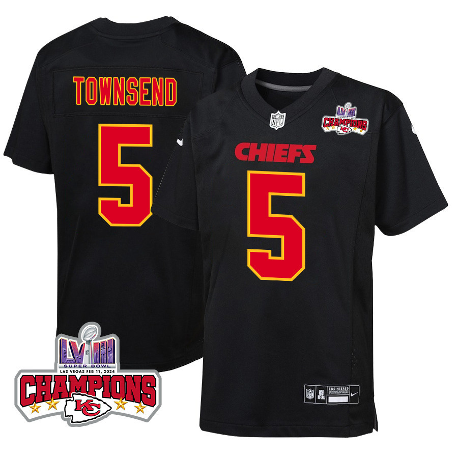 Tommy Townsend 5 Kansas City Chiefs Super Bowl Lviii Champions 4 Stars Patch Fashion Game Youth Jersey - Carbon Black Js8995