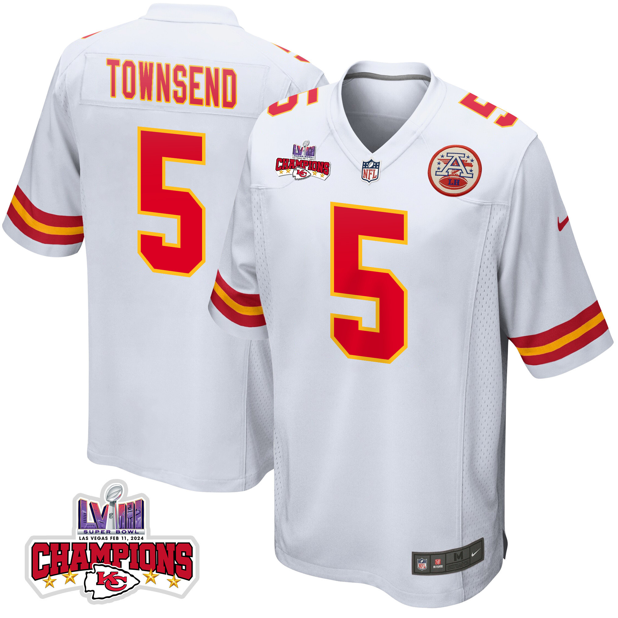 Tommy Townsend 5 Kansas City Chiefs Super Bowl Lviii Champions 4 Stars Patch Game Men Jersey - White Js1813