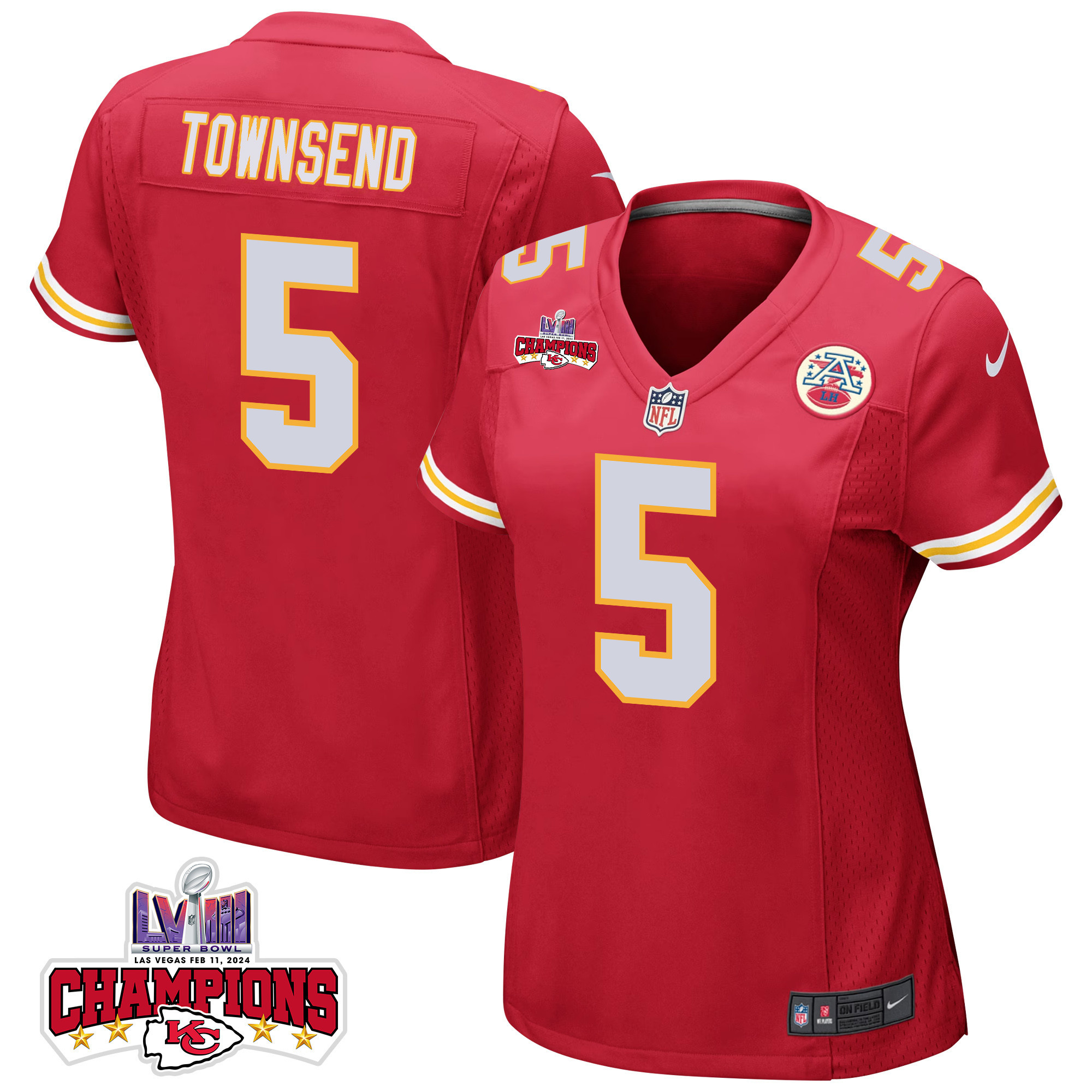 Tommy Townsend 5 Kansas City Chiefs Super Bowl Lviii Champions 4 Stars Patch Game Women Jersey - Red Js1342
