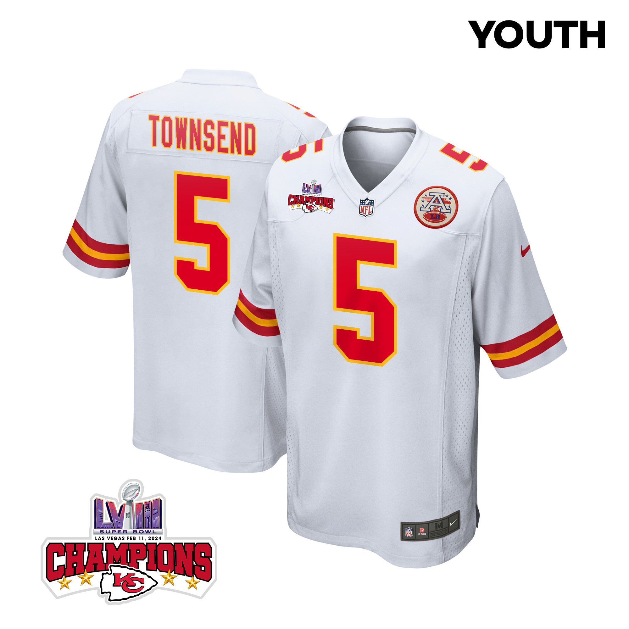 Tommy Townsend 5 Kansas City Chiefs Super Bowl Lviii Champions 4 Stars Patch Game Youth Jersey - White Js2708