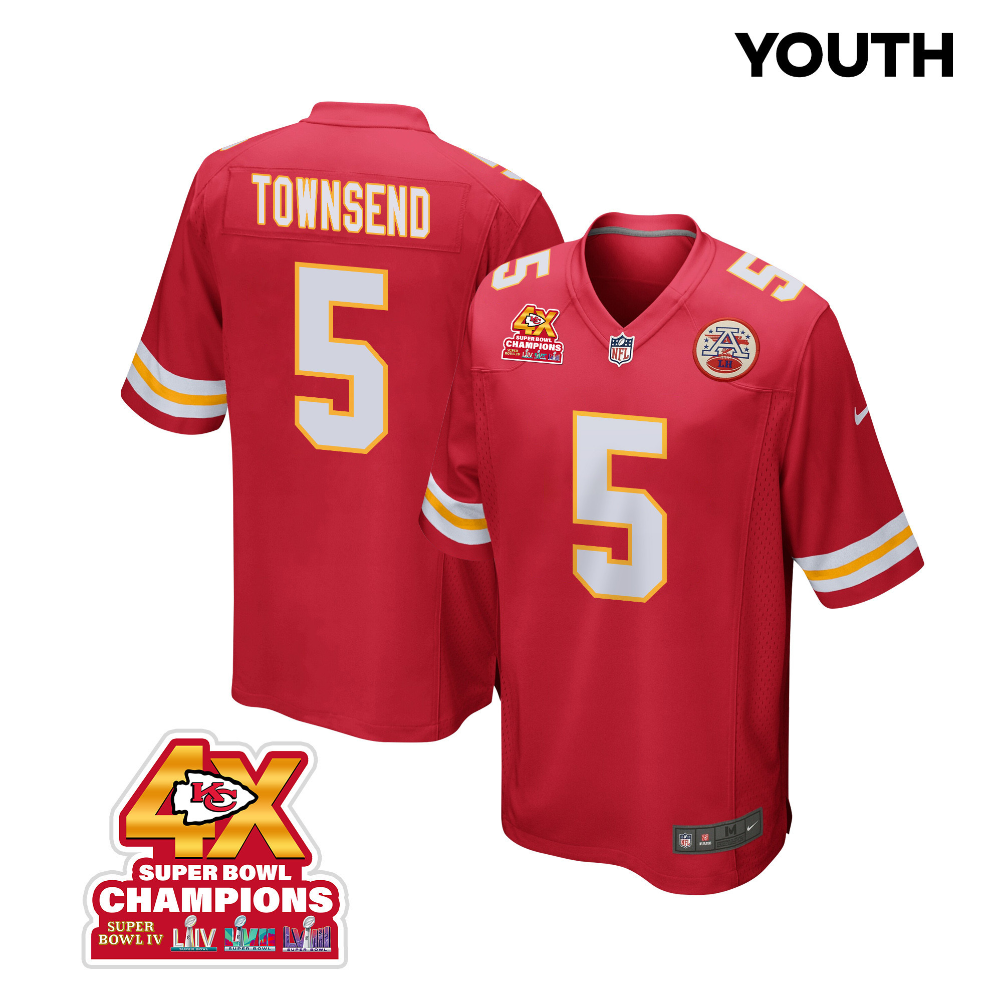 Tommy Townsend 5 Kansas City Chiefs Super Bowl Lviii Champions 4x Game Youth Jersey - Red Js8324