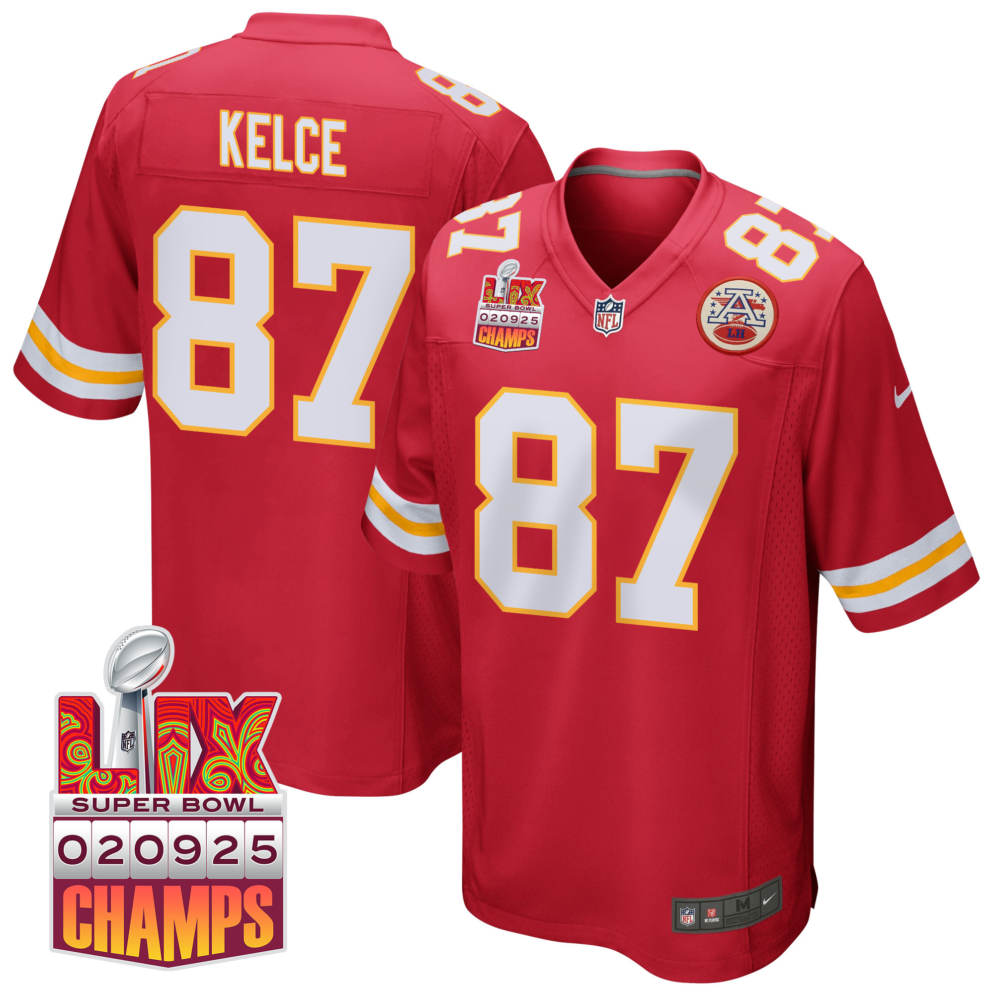 Travis Kelce 87 Kansas City Chiefs Super Bowl Lix Champions Patch Game Men Jersey - Red Js8426