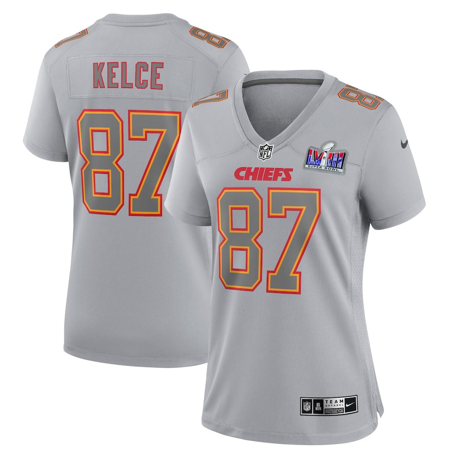 Travis Kelce 87 Kansas City Chiefs Super Bowl Lviii Atmosphere Fashion Game Women Jersey - Gray Js4126
