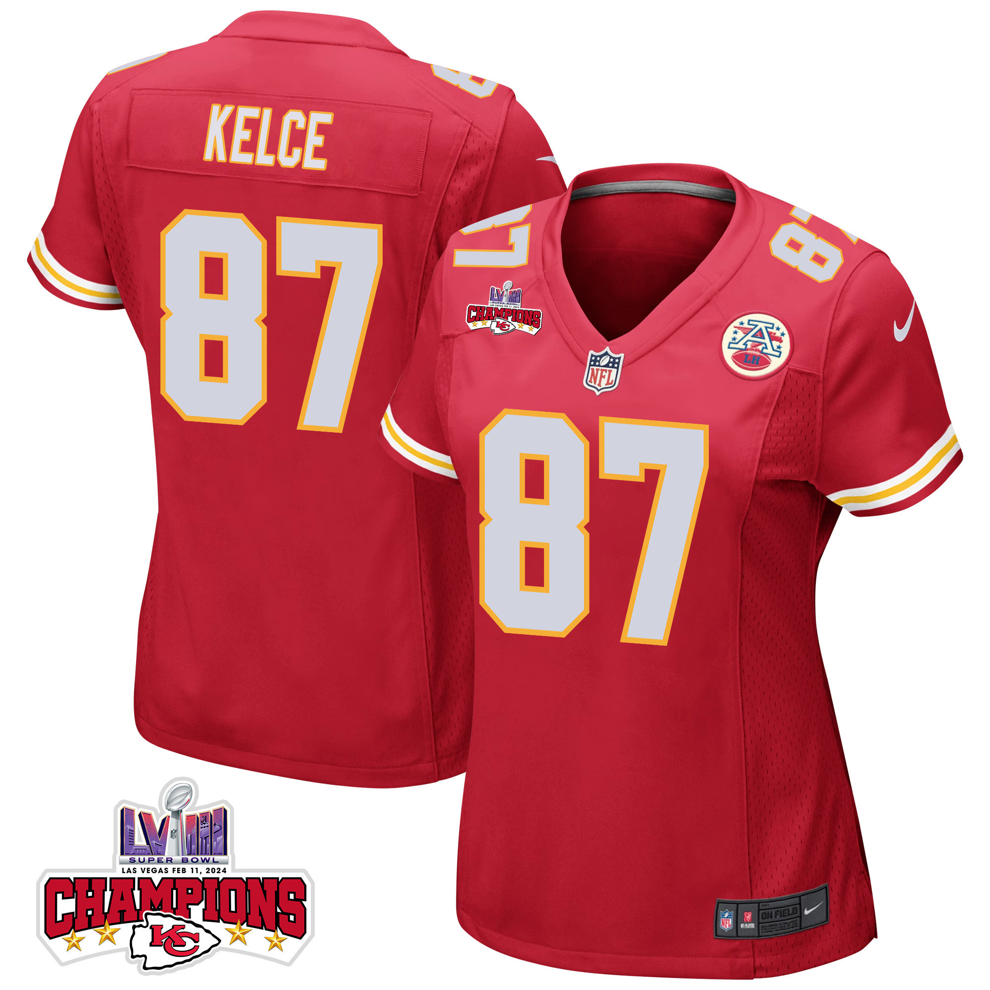 Travis Kelce 87 Kansas City Chiefs Super Bowl Lviii Champions 4 Stars Patch Game Women Jersey - Red Js4012