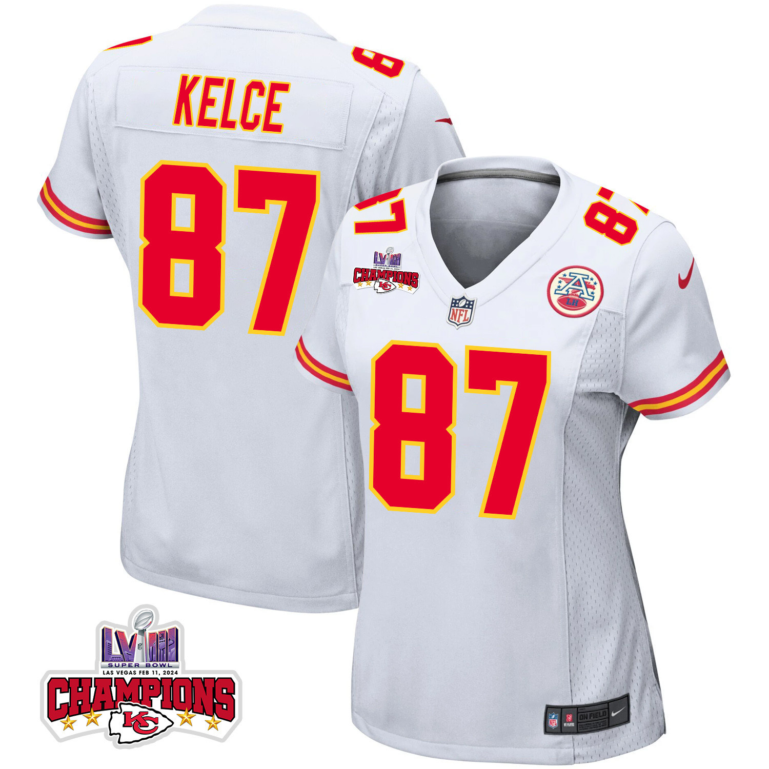 Travis Kelce 87 Kansas City Chiefs Super Bowl Lviii Champions 4 Stars Patch Game Women Jersey - White Js2134