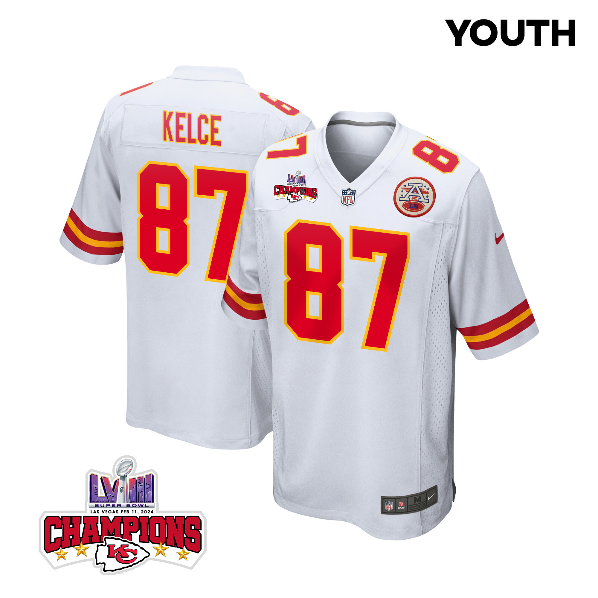 Travis Kelce 87 Kansas City Chiefs Super Bowl Lviii Champions 4 Stars Patch Game Youth Jersey - White Js6773