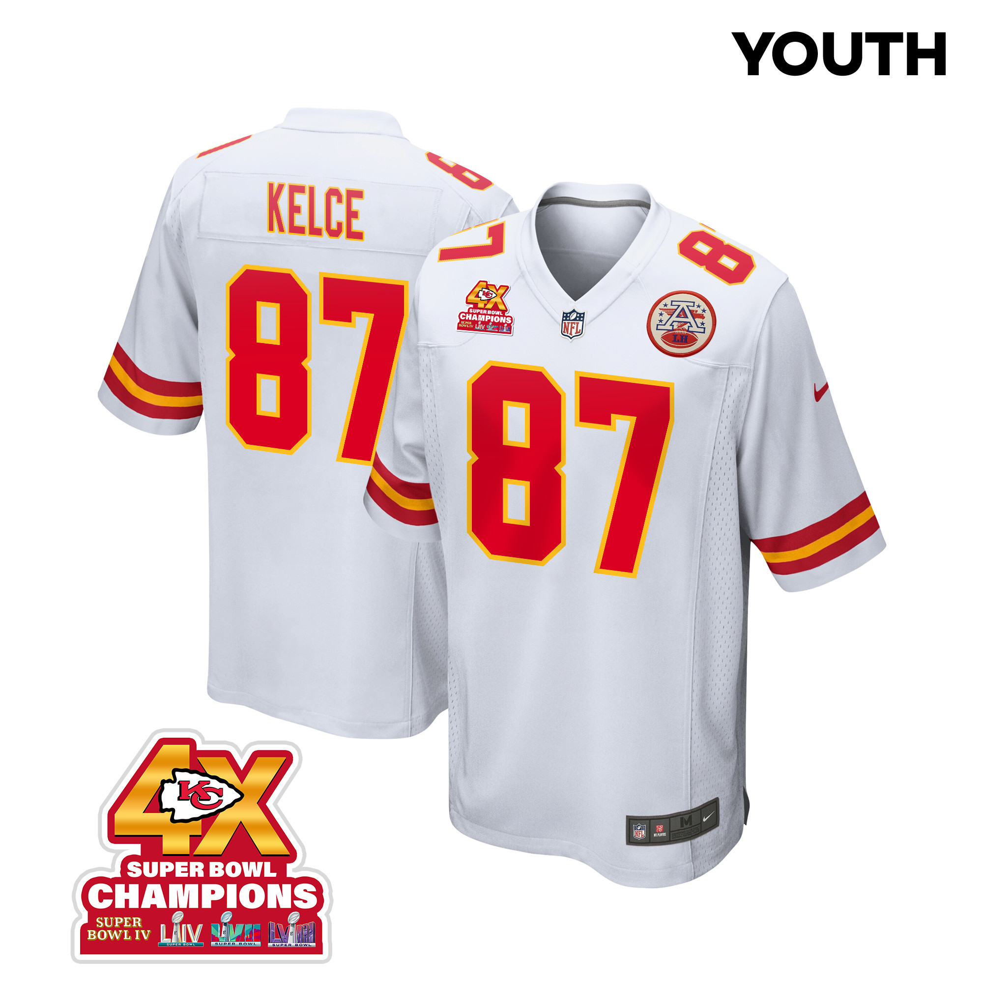 Travis Kelce 87 Kansas City Chiefs Super Bowl Lviii Champions 4x Game Youth Jersey - White Js5062