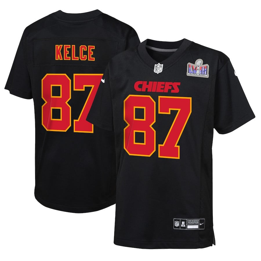 Travis Kelce 87 Kansas City Chiefs Super Bowl Lviii Patch Fashion Game Youth Jersey - Carbon Black Js6415