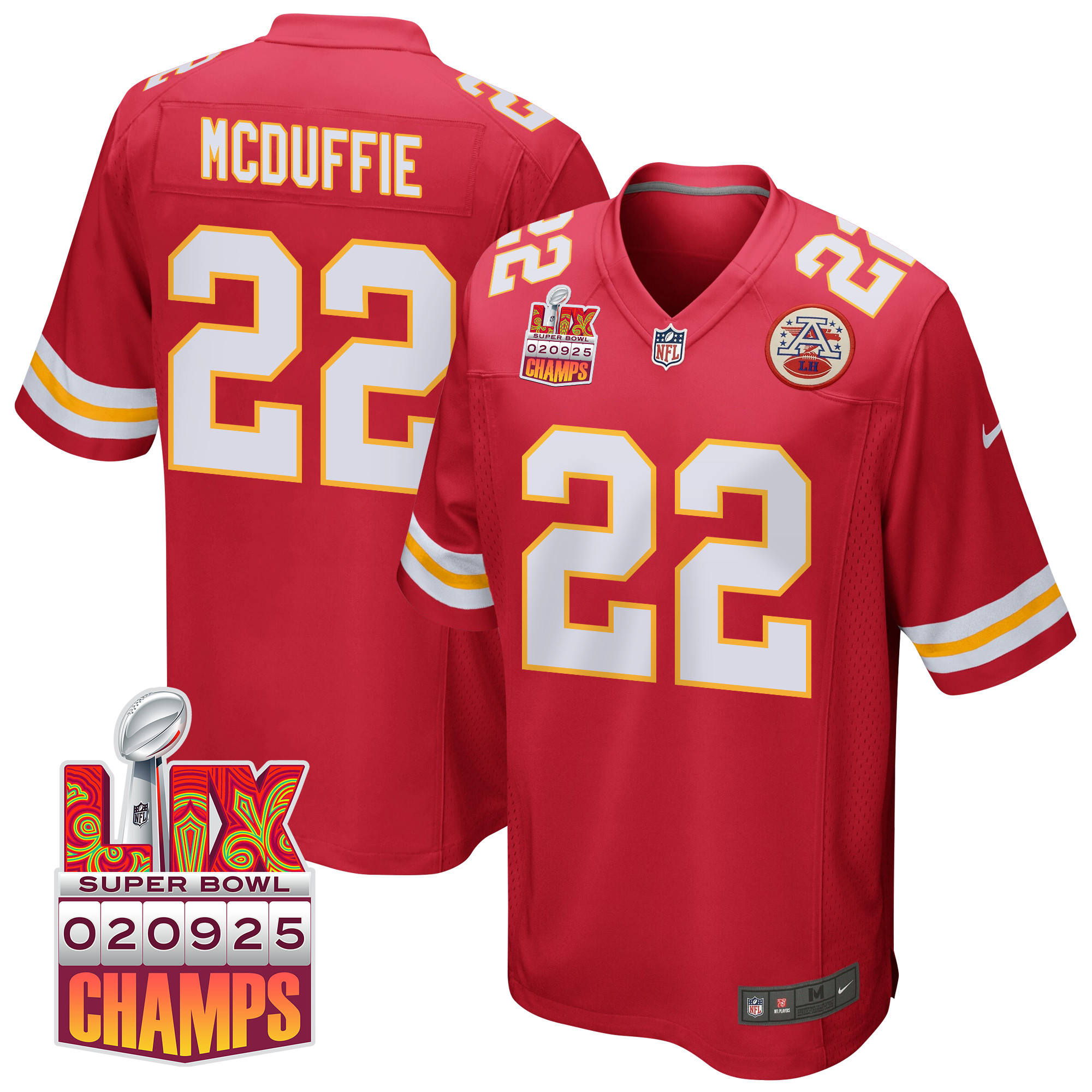 Trent Mcduffie 22 Kansas City Chiefs Super Bowl Lix Champions Patch Game Men Jersey - Red Js5818