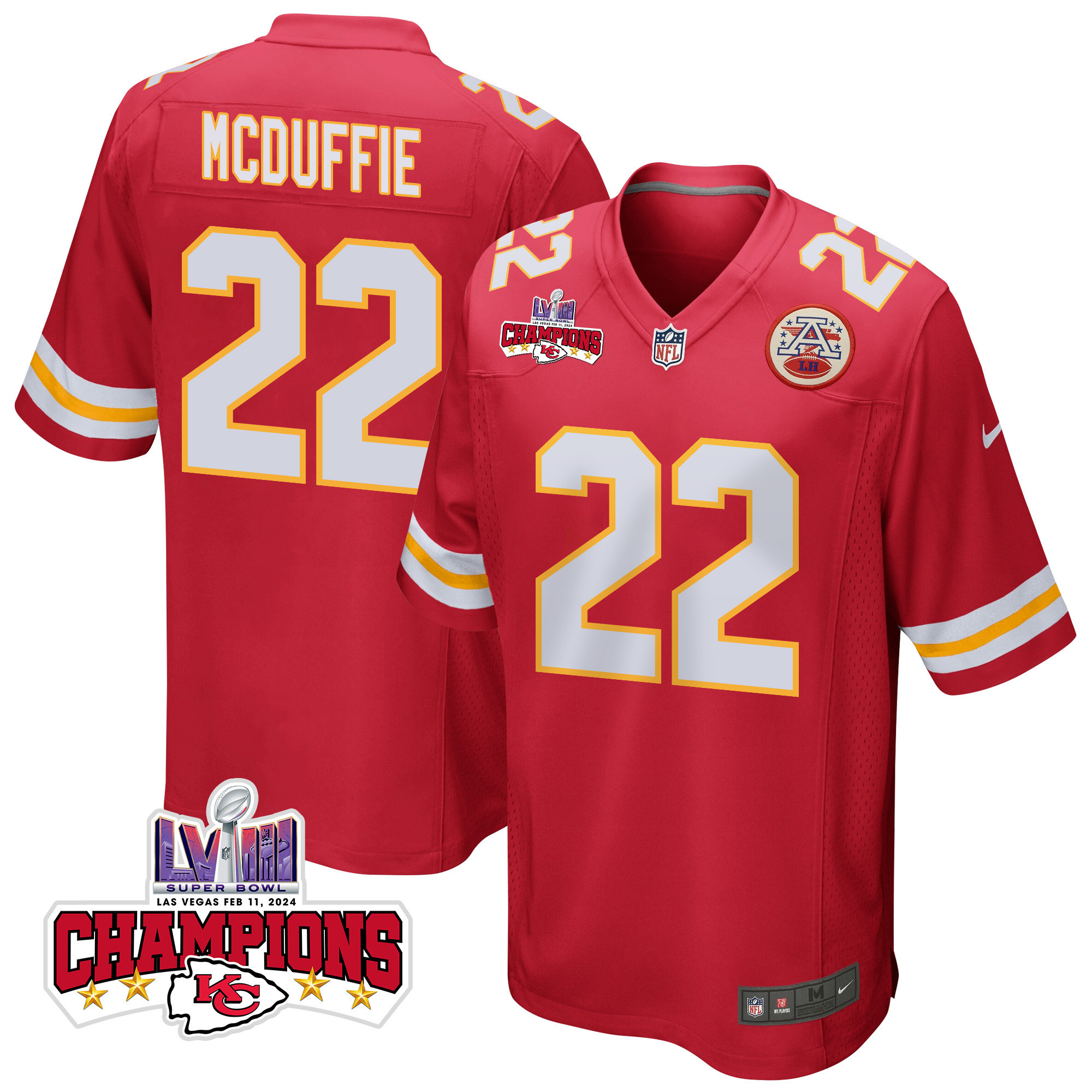 Trent Mcduffie 22 Kansas City Chiefs Super Bowl Lviii Champions 4 Stars Patch Game Men Jersey - Red Js2917