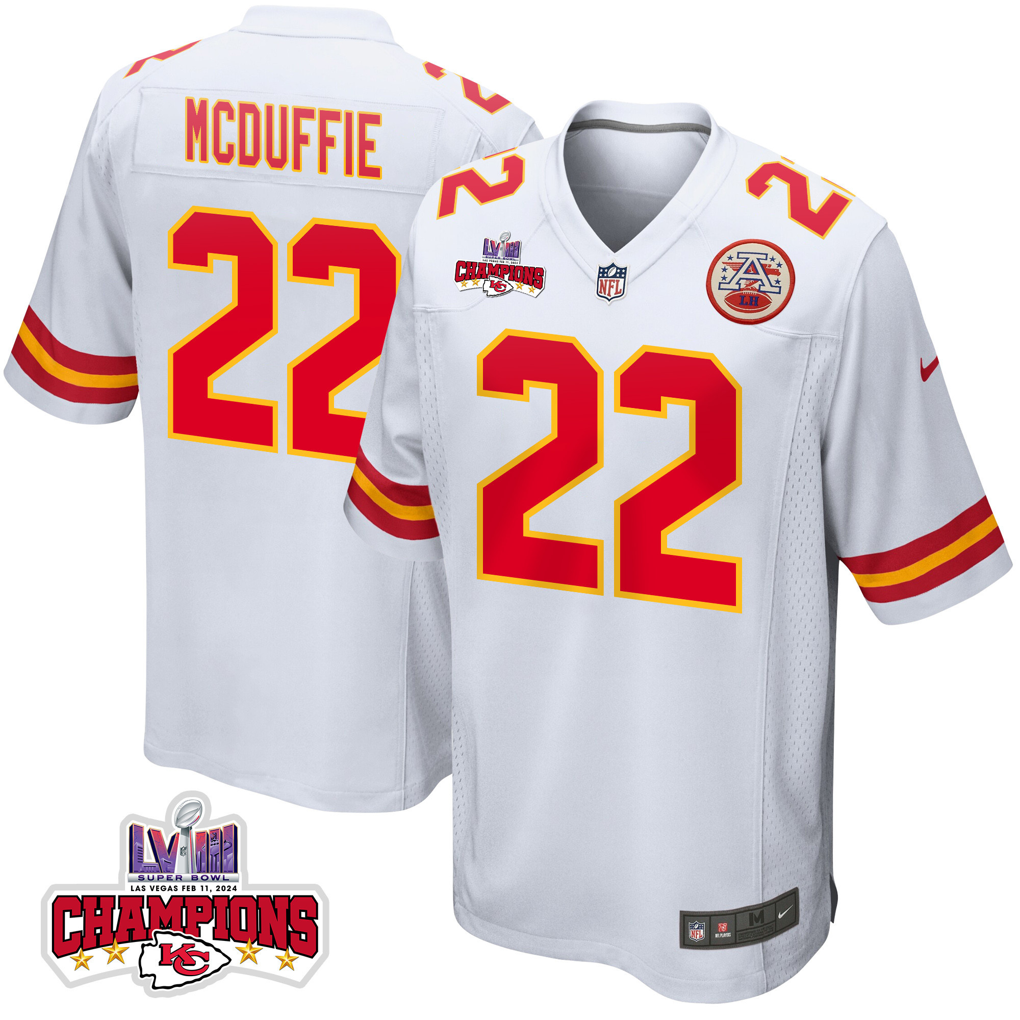 Trent Mcduffie 22 Kansas City Chiefs Super Bowl Lviii Champions 4 Stars Patch Game Men Jersey - White Js7186