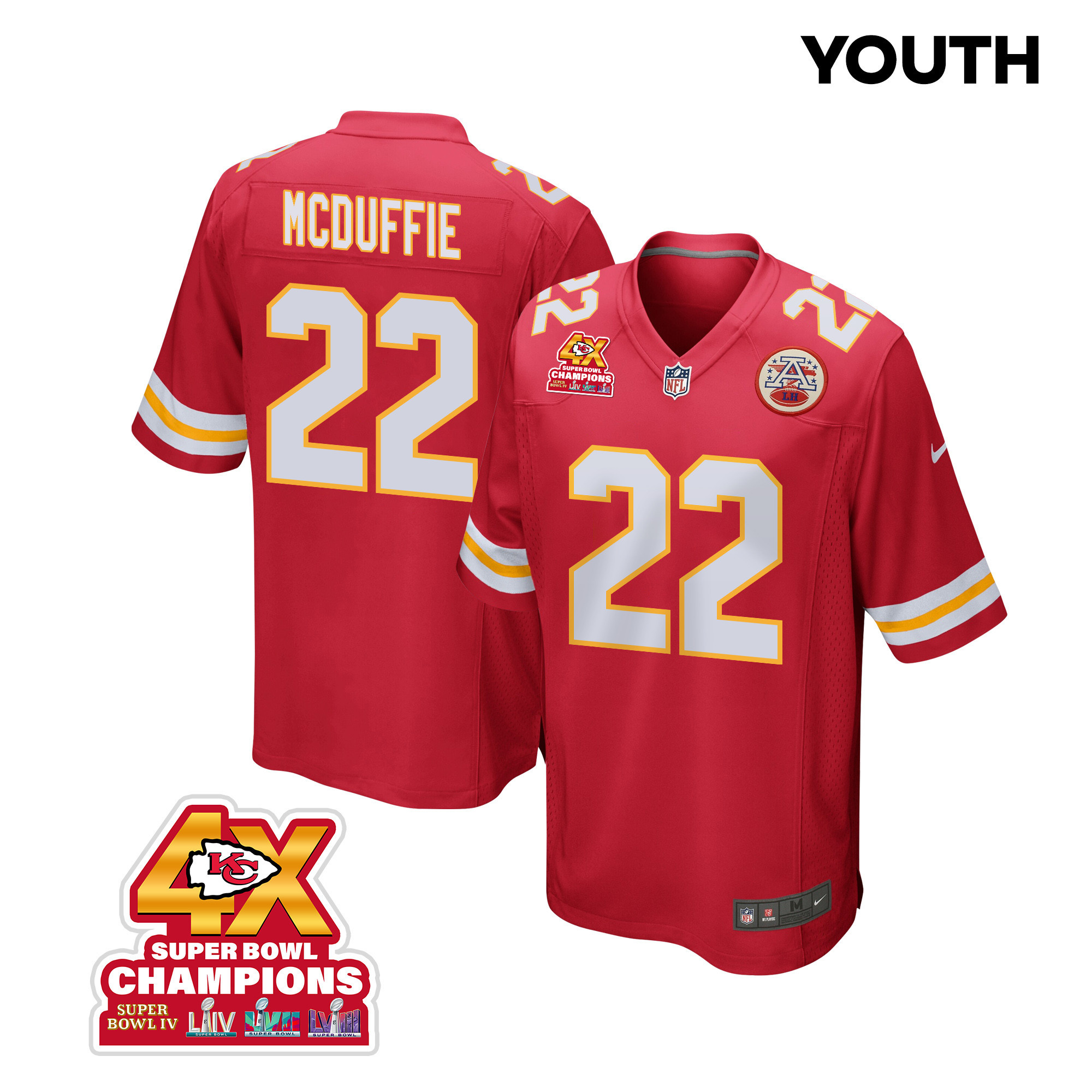Trent Mcduffie 22 Kansas City Chiefs Super Bowl Lviii Champions 4x Game Youth Jersey - Red Js7952