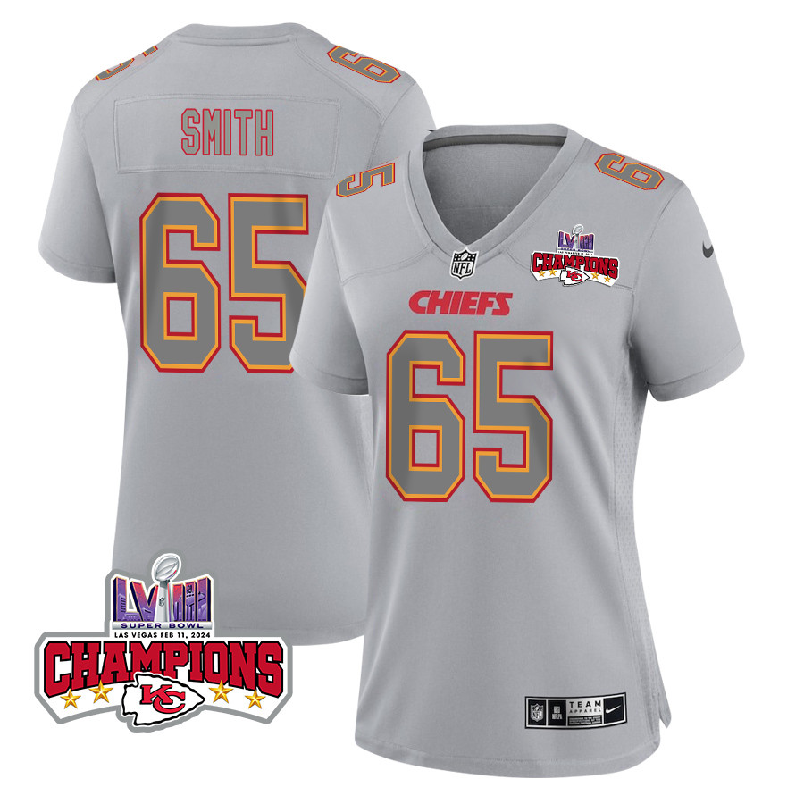Trey Smith 65 Kansas City Chiefs Super Bowl Lviii Champions 4 Stars Patch Atmosphere Fashion Game Women Jersey - Gray Js4161