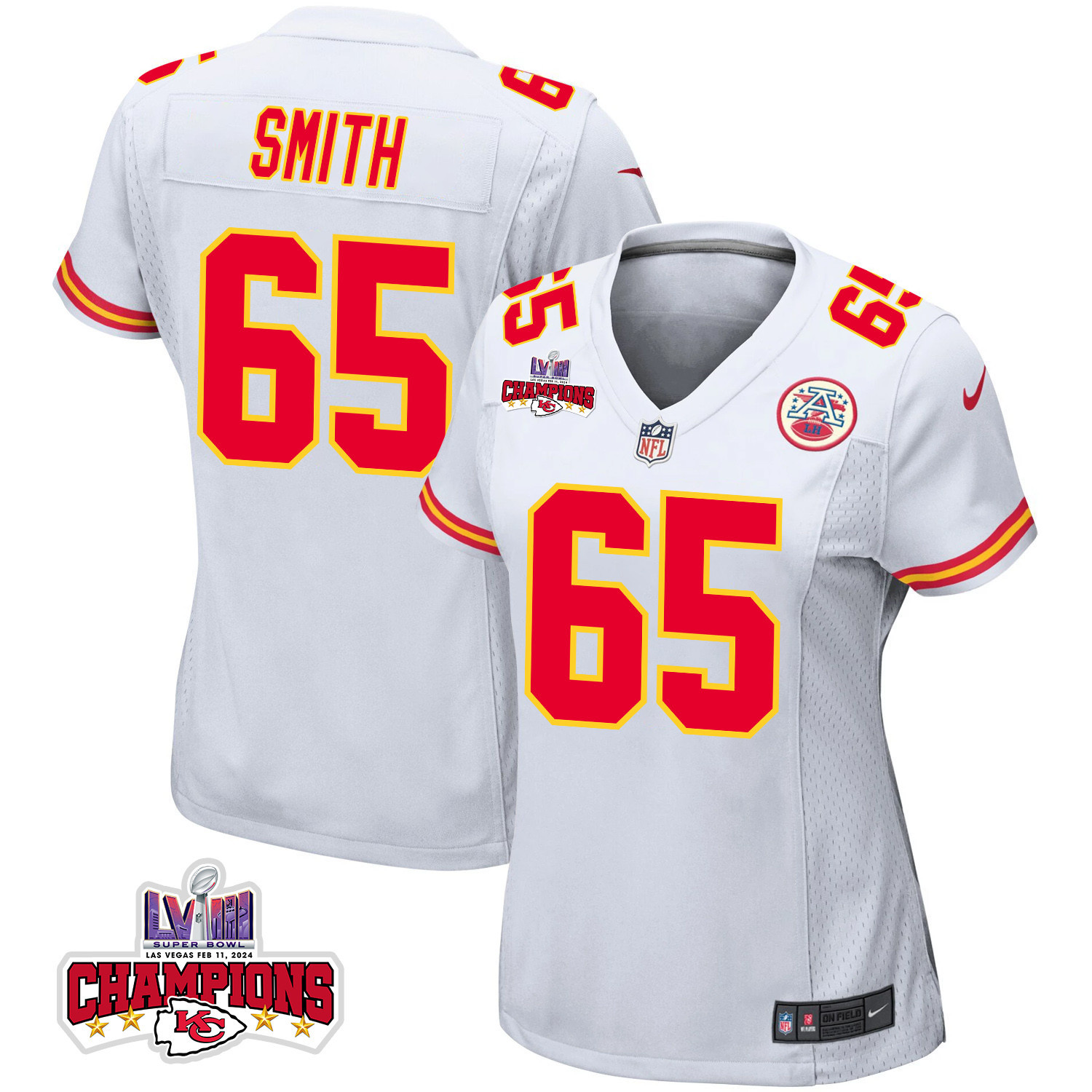 Trey Smith 65 Kansas City Chiefs Super Bowl Lviii Champions 4 Stars Patch Game Women Jersey - White Js8230