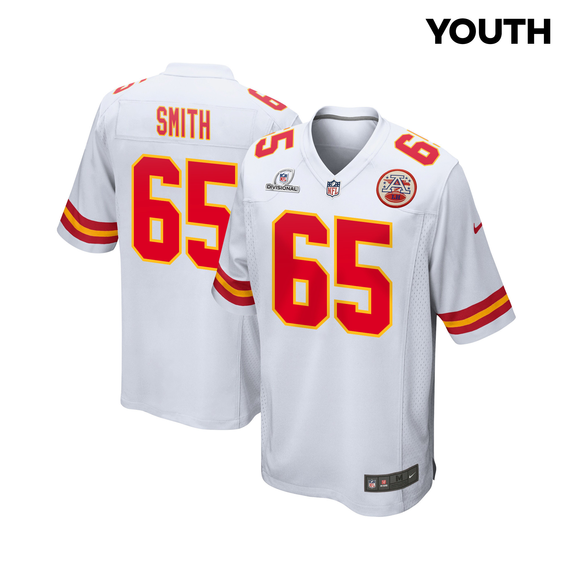 Trey Smith 65 Kansas City Chiefs Super Bowl Lviii Patch Game Youth Jersey - White Js3879