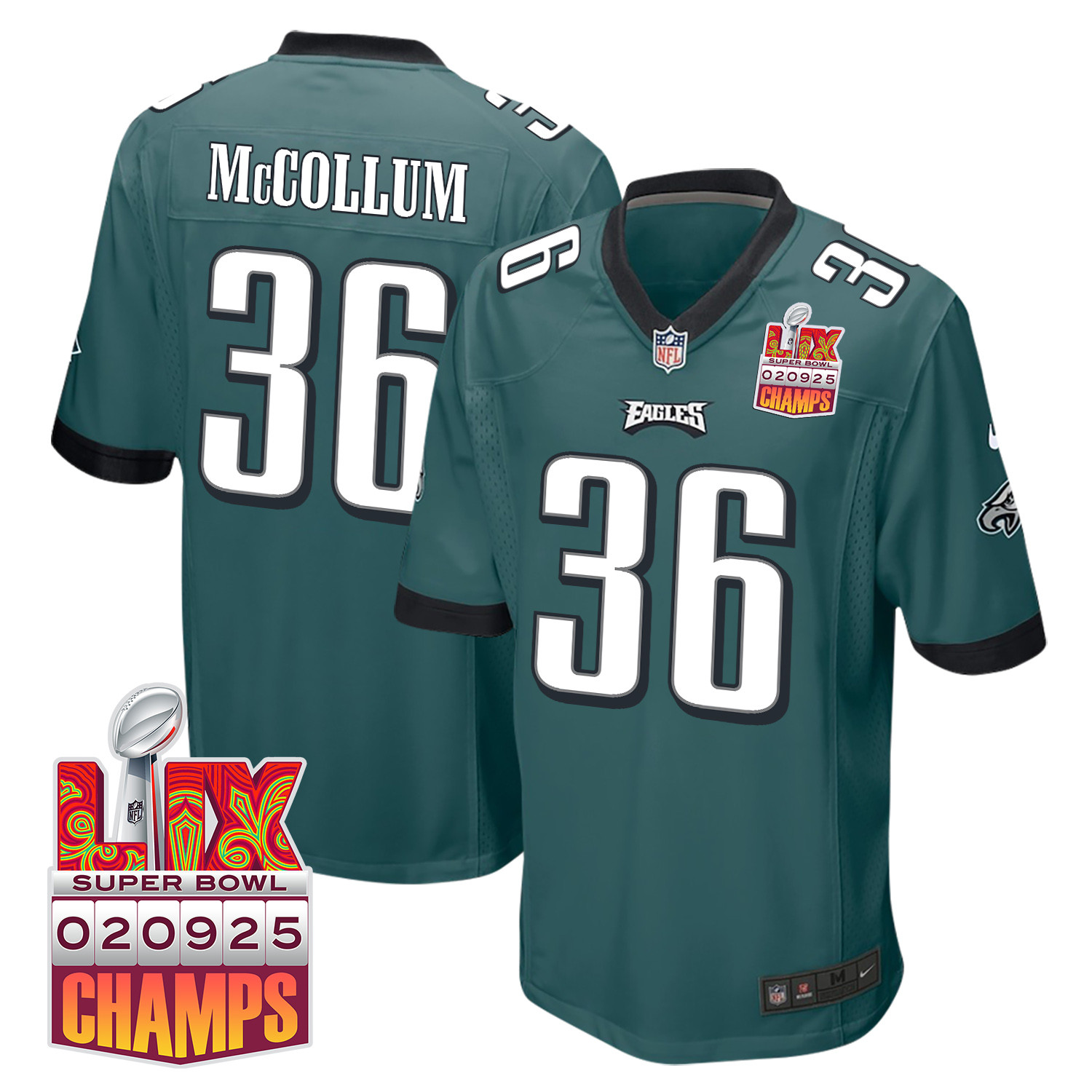 Tristin Mccollum 36 Philadelphia Eagles Super Bowl Lix Champions Patch Game Men Jersey - Midnight Green Js6100