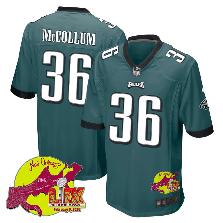 Tristin Mccollum 36 Philadelphia Eagles Super Bowl Lix New Orleans Patch Game Men Jersey - Midnight Green Js8746