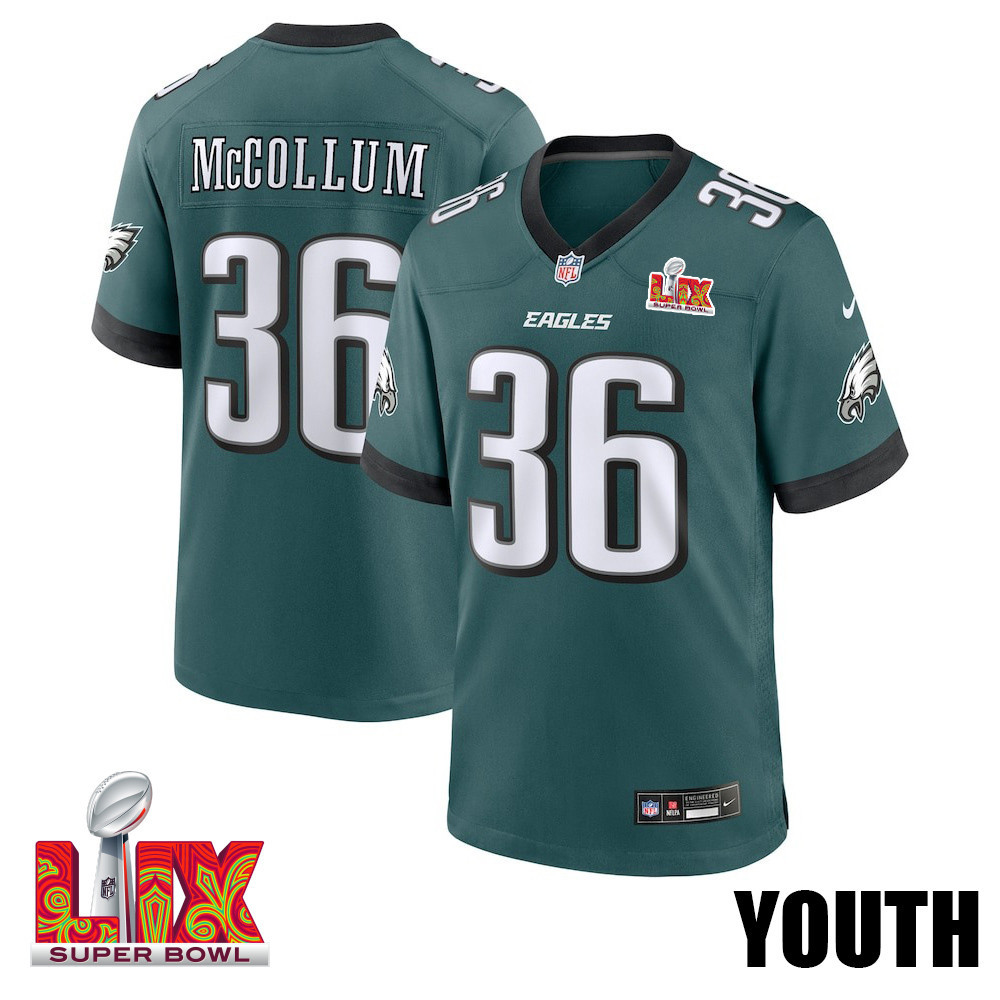 Tristin Mccollum #36 Philadelphia Eagles Super Bowl Lix Youth Jersey - Midnight Green Js5895