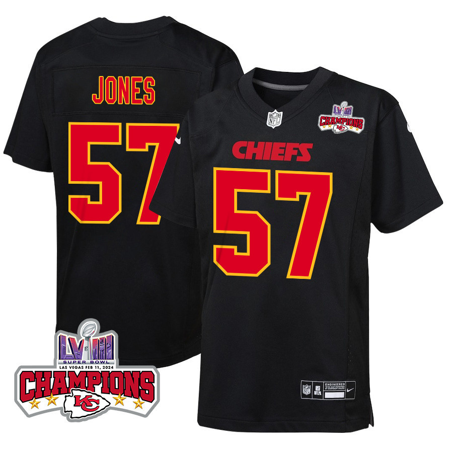 Truman Jones 57 Kansas City Chiefs Super Bowl Lviii Champions 4 Stars Patch Fashion Game Youth Jersey - Carbon Black Js4074