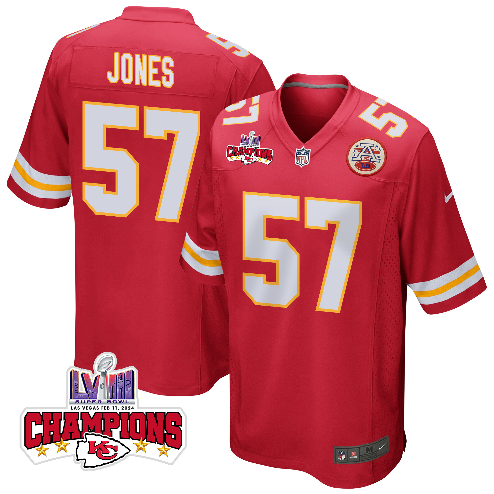 Truman Jones 57 Kansas City Chiefs Super Bowl Lviii Champions 4 Stars Patch Game Men Jersey - Red Js7197