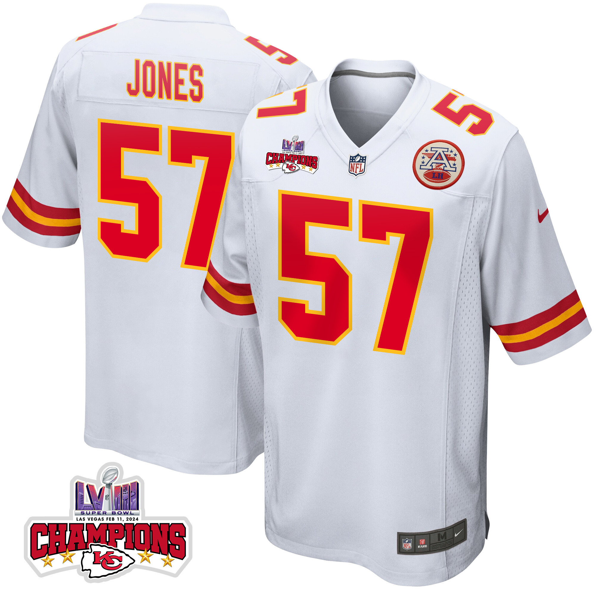 Truman Jones 57 Kansas City Chiefs Super Bowl Lviii Champions 4 Stars Patch Game Men Jersey - White Js3657