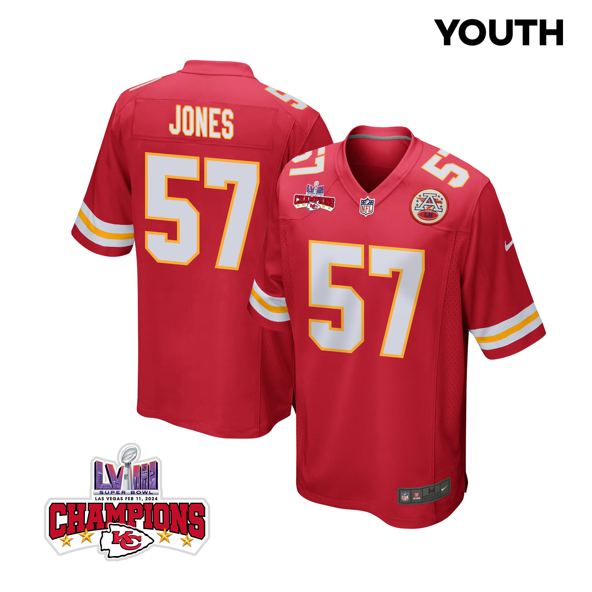 Truman Jones 57 Kansas City Chiefs Super Bowl Lviii Champions 4 Stars Patch Game Youth Jersey - Red Js4529